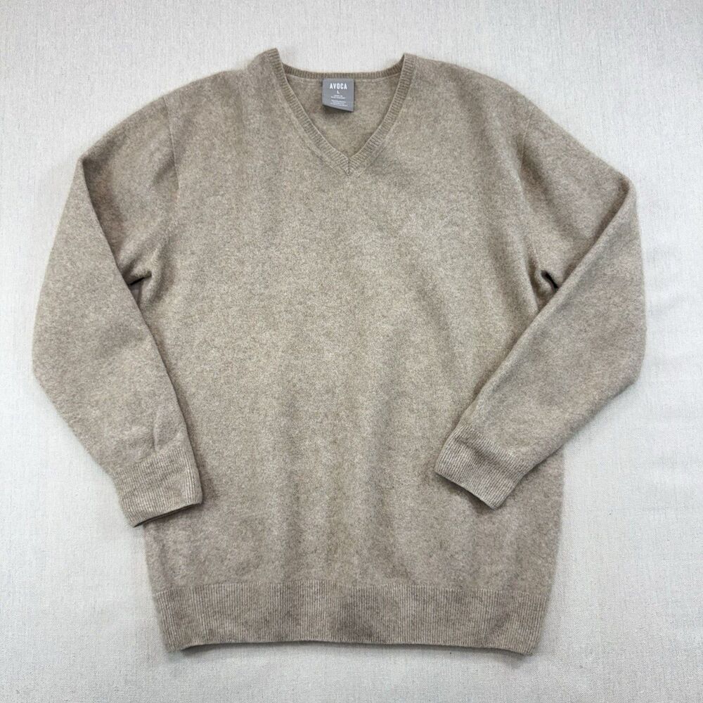 Avoca New Zealand Possum Merino Cashmere Sweater Size L Beige V Neck Luxury Knit